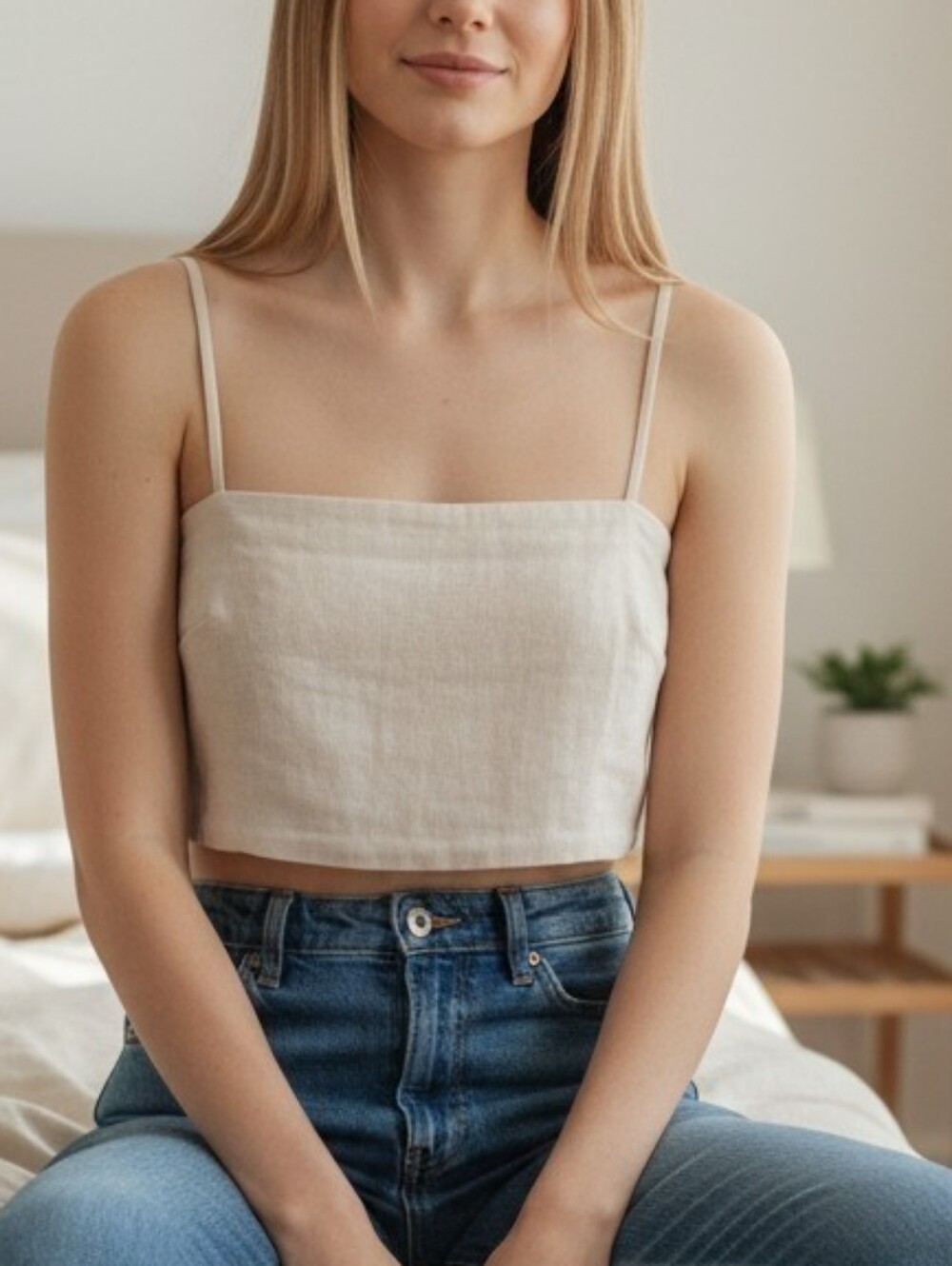 Cream cropped top with thin spaghetti straps